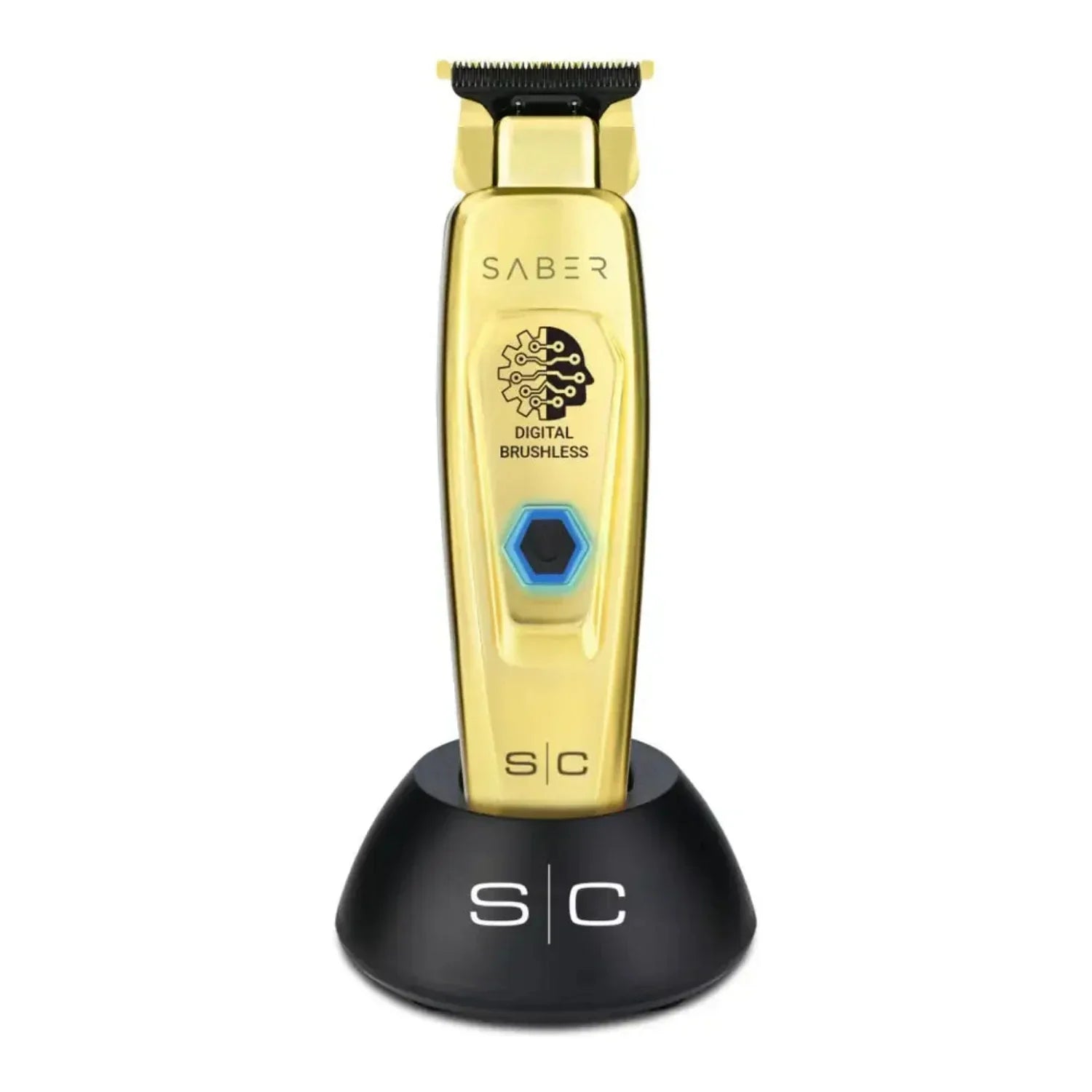  StyleCraft Gold Saber Trimmer SC405G with gold all-metal body, black DLC blade, and ergonomic grip design.