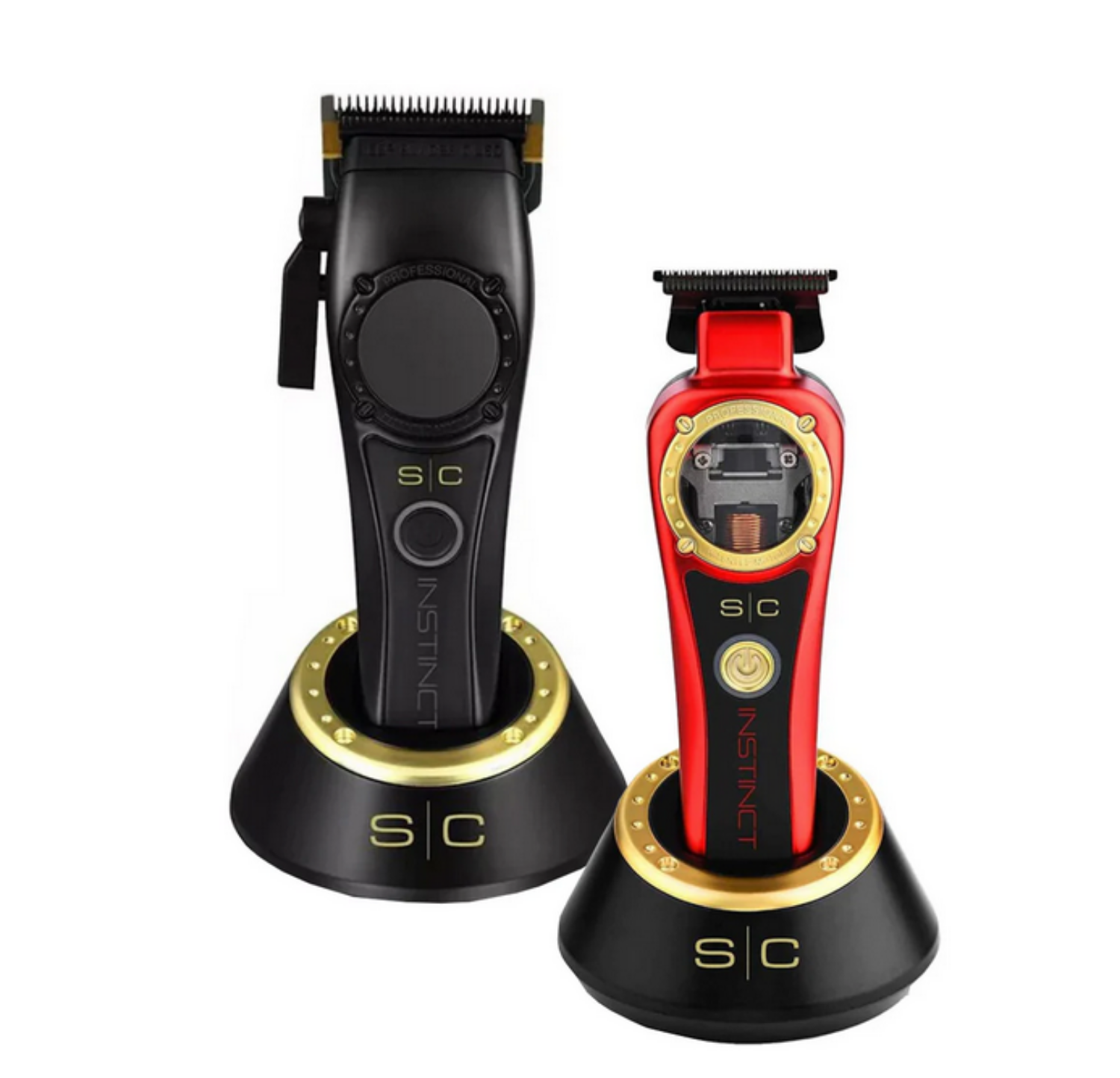 StyleCraft Instinct Duo professional clipper and trimmer set (SC611M + SC410M) – shown with sleek black and metallic finish, includes charging stands and guards.