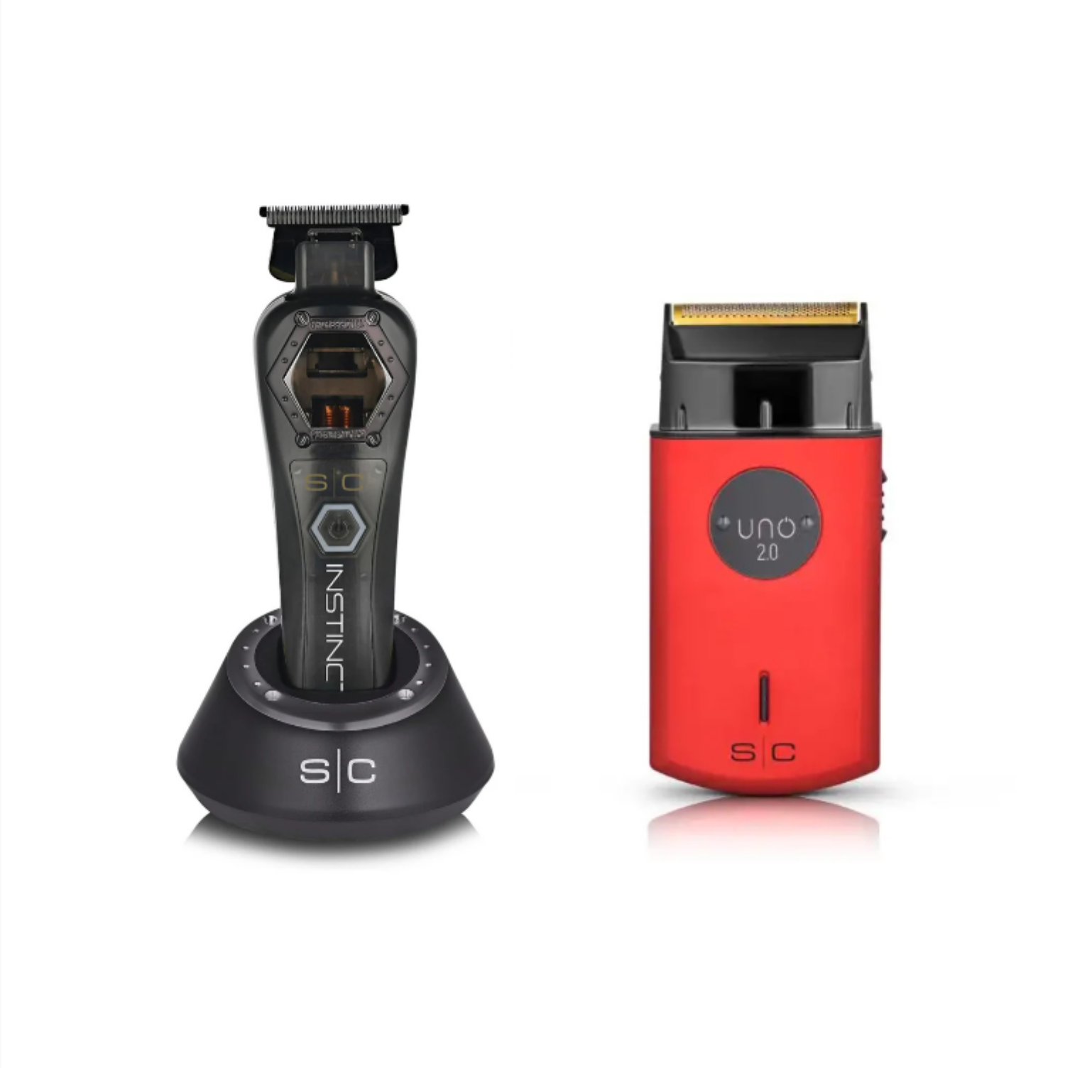  “StyleCraft Instinct Metal Trimmer with full-metal body, zero-gap blade setter tool, and USB charging stand alongside the compact StyleCraft Uno 2.0 gold-titanium foil shaver with velvet travel pouch—professional cordless grooming kit.”