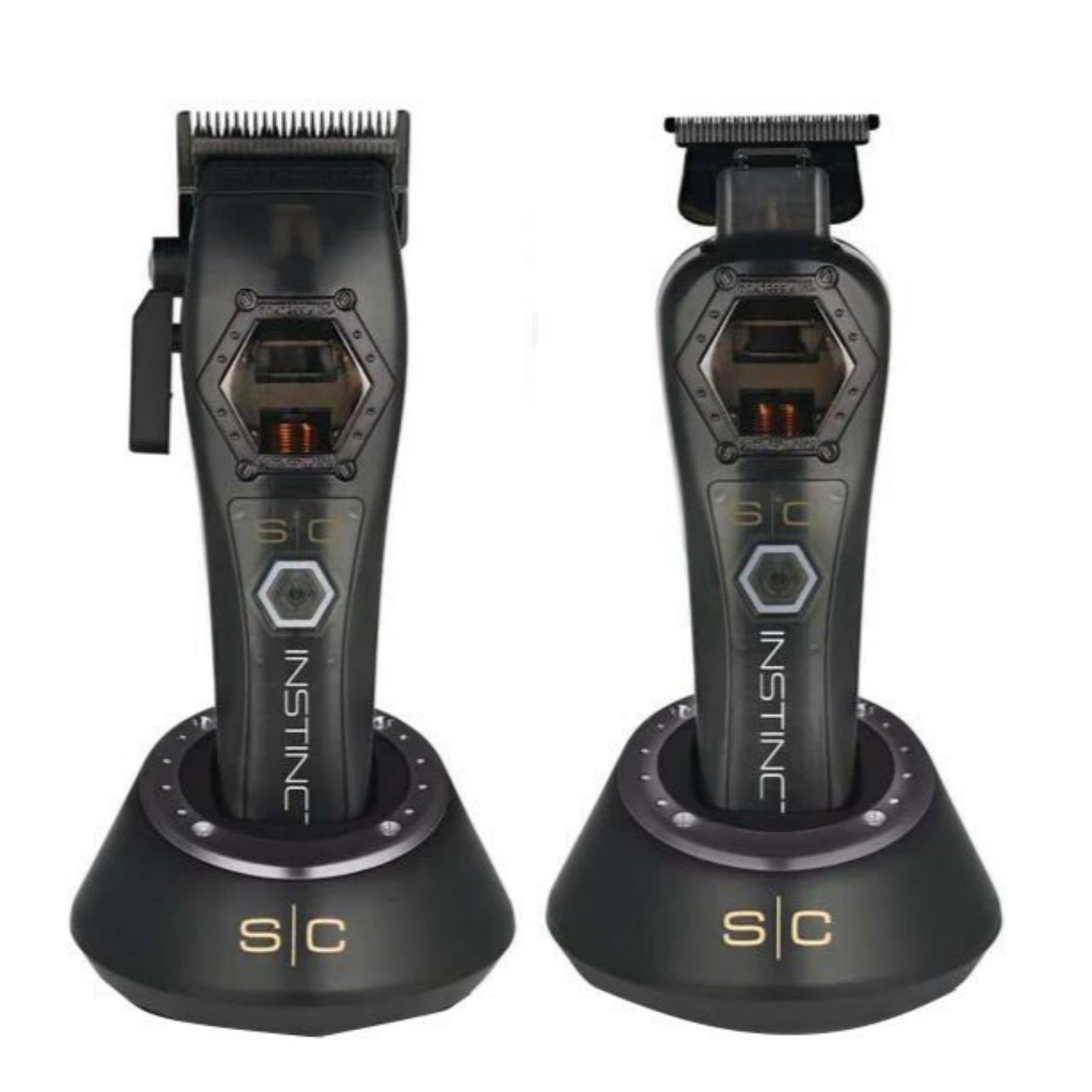 “StyleCraft Instinct Metal Edition cordless clipper and trimmer combo with metal housing, interchangeable lids, magnetic guards, charging stand and maintenance tools”