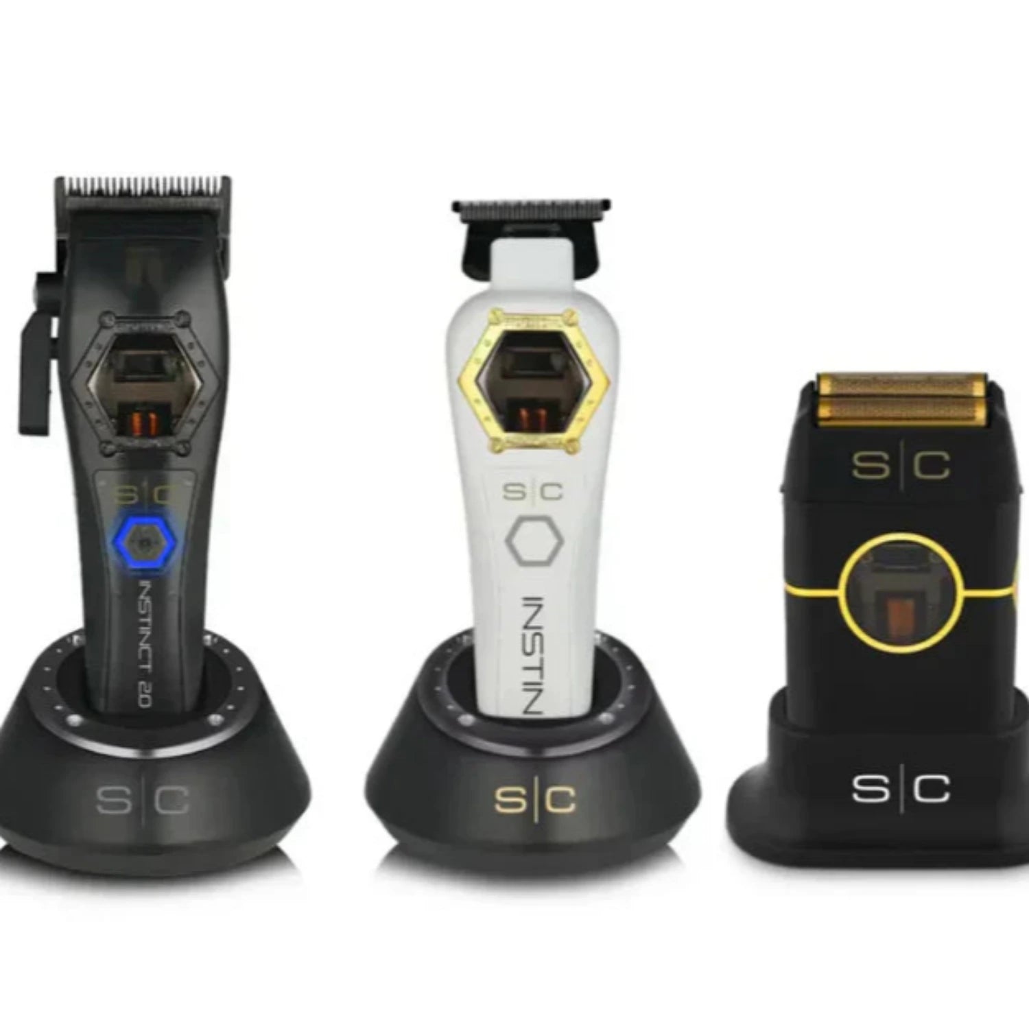  “StyleCraft Instinct Metal Edition 3‑in‑1 Grooming Combo: cordless metal clipper, metal trimmer, and foil shaver arranged together, featuring sleek black metal housings and interchangeable lids”