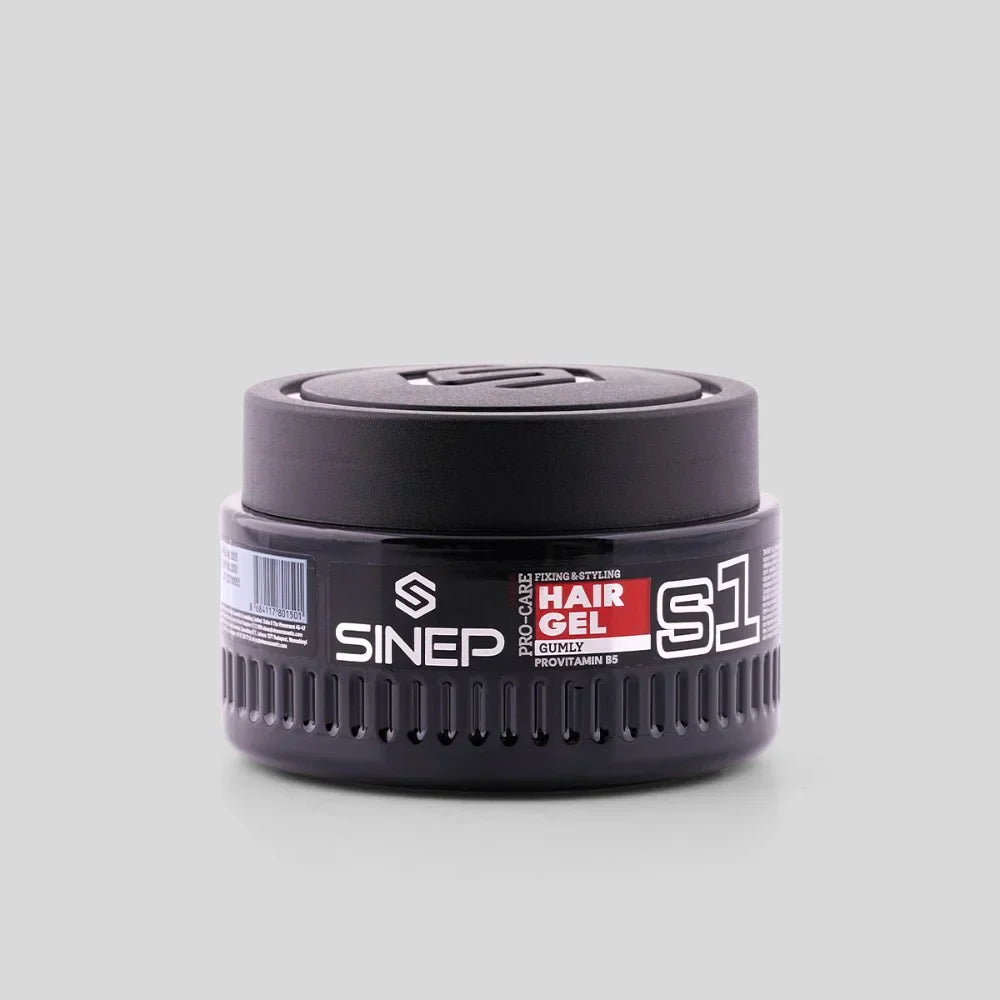 Black hair gel jar with 'Sinep' branding on a light gray background