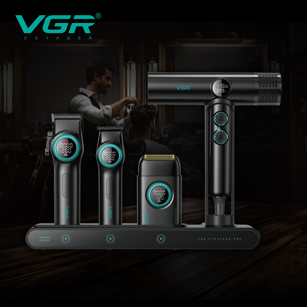 VGR 4-in-1 Pro Barber Set with clipper, trimmer, foil shaver, and high-RPM dryer in premium storage case