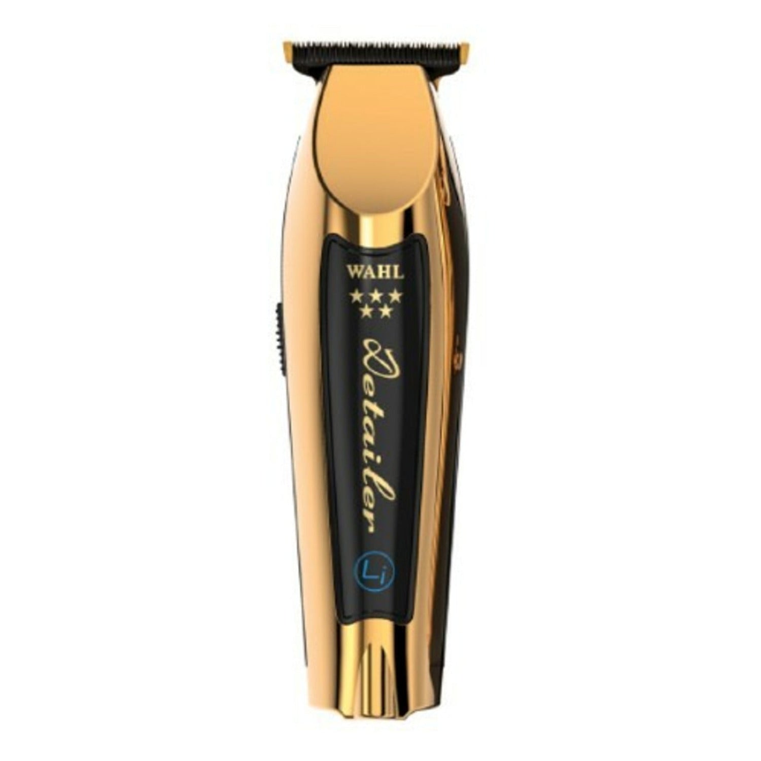  Wahl 5 STAR Cordless Detailer Li T-Blade Trimmer in gold with ergonomic design and charging base