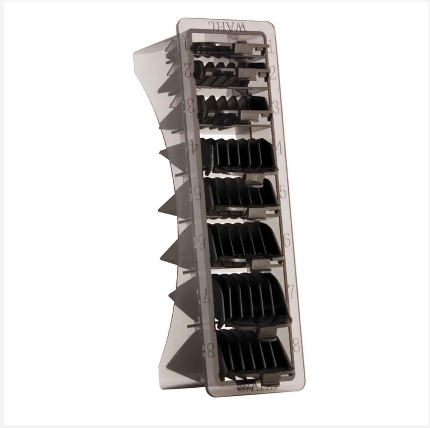  Wahl Guide Caddy holding 8 black clipper guides, organized in a compact storage tray for professional barbers and stylists
