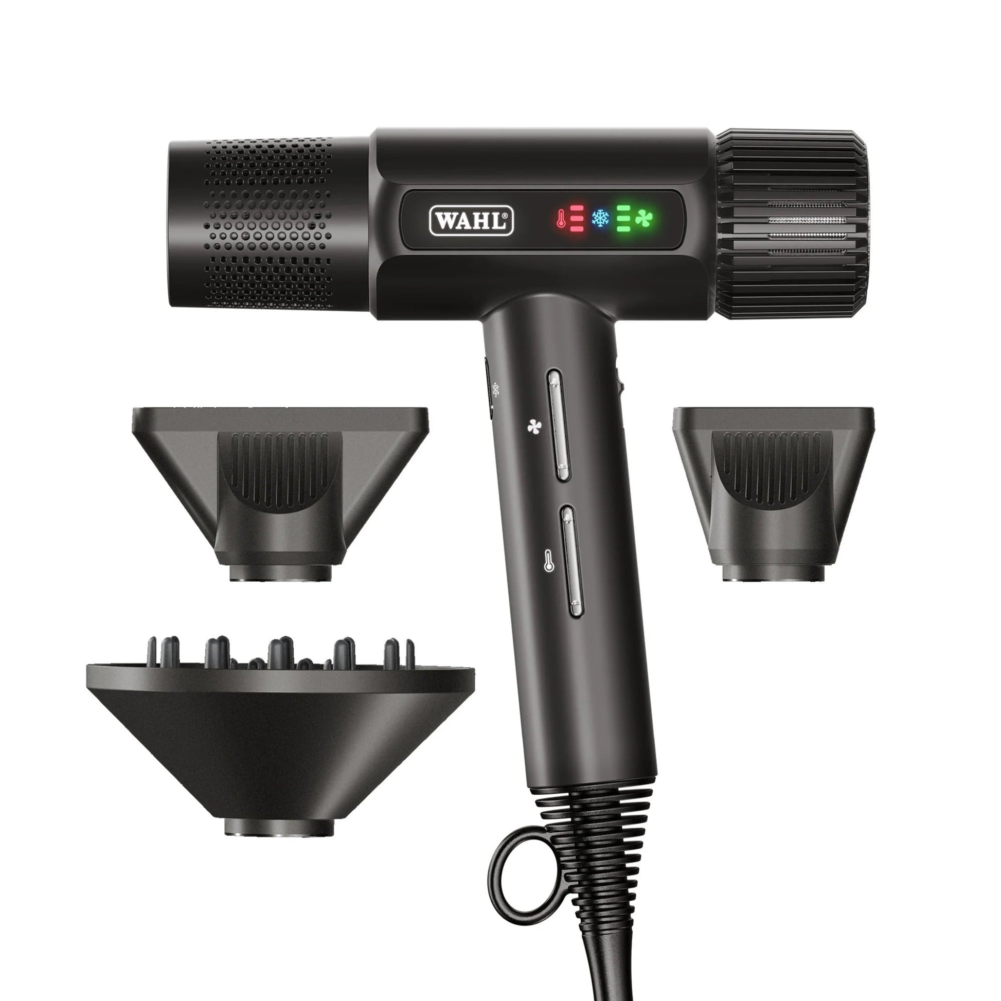  Wahl Vanquish Professional Hair Dryer in sleek black and gold design with nozzle attachment, ergonomic handle, and control switches.