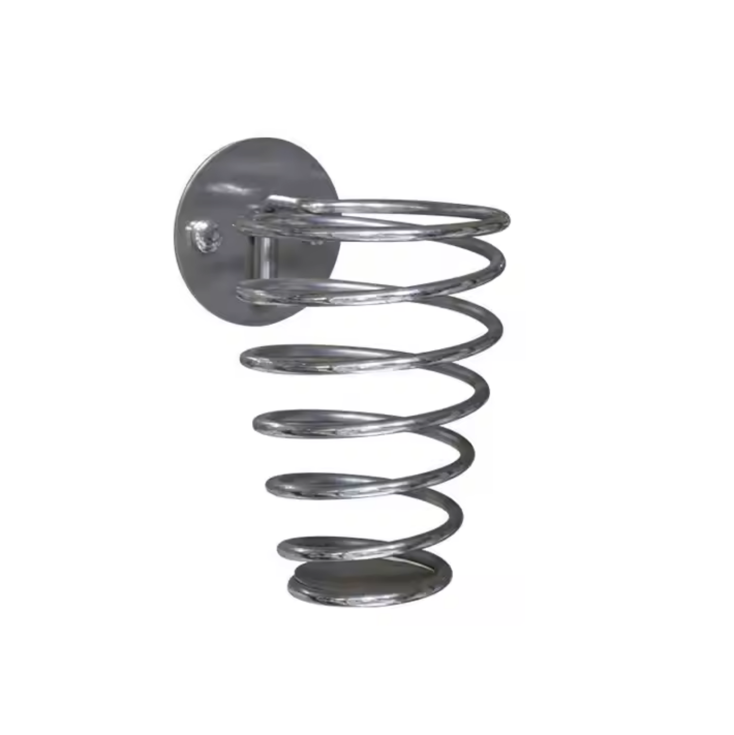  Chrome finished stainless steel wall-mounted hair dryer holder installed in bathroom holding a hair dryer