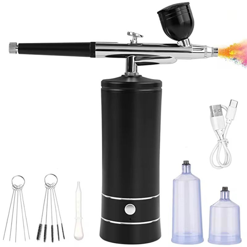 Cordless airbrush spray gun kit with adjustable pressure levels and refillable bottles