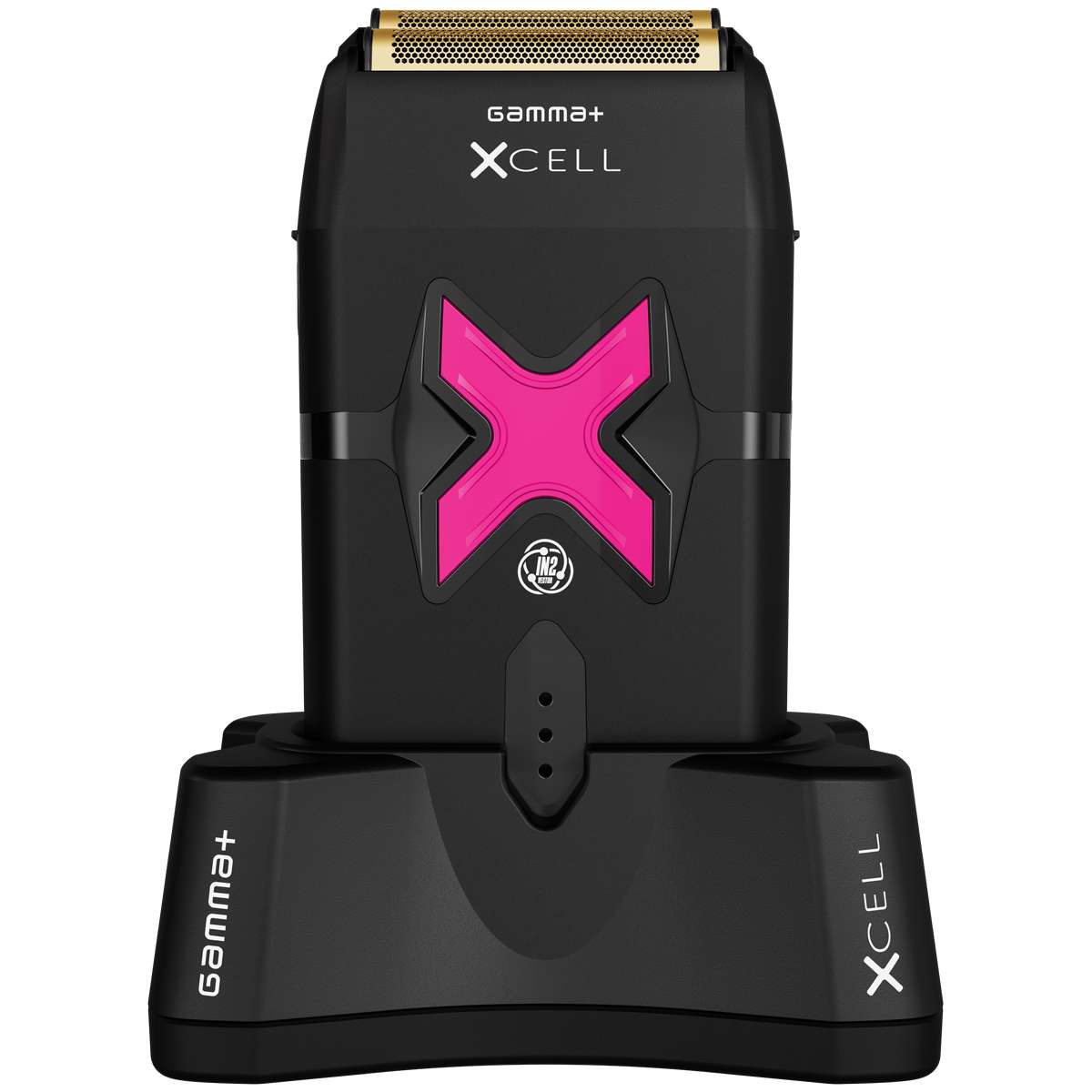 “Xcell Professional Foil Shaver – sleek aluminium body with gold titanium foil, showing foil head and ergonomic grip”