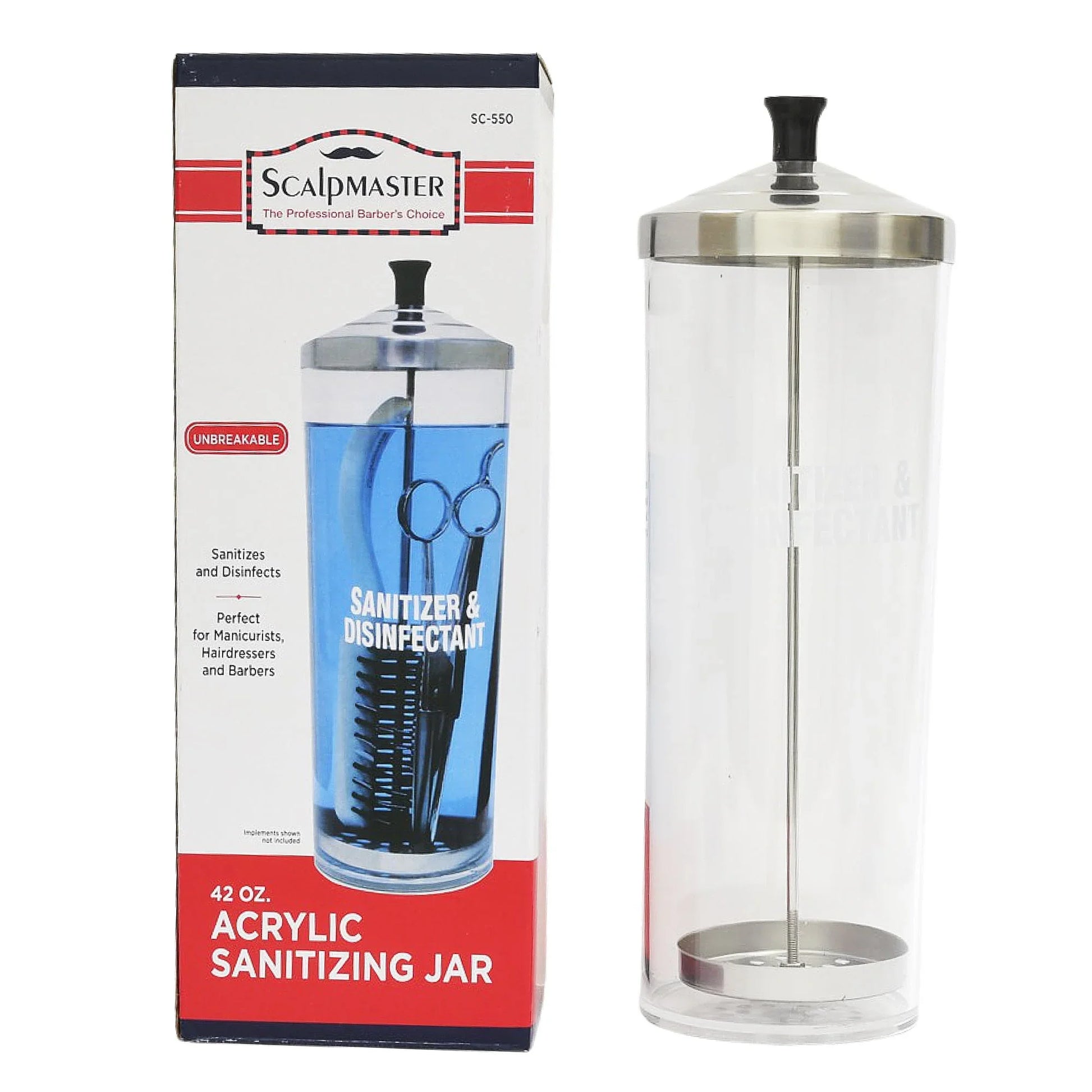 Acrylic sanitizing jar with packaging displaying 'Scalpmaster' branding.