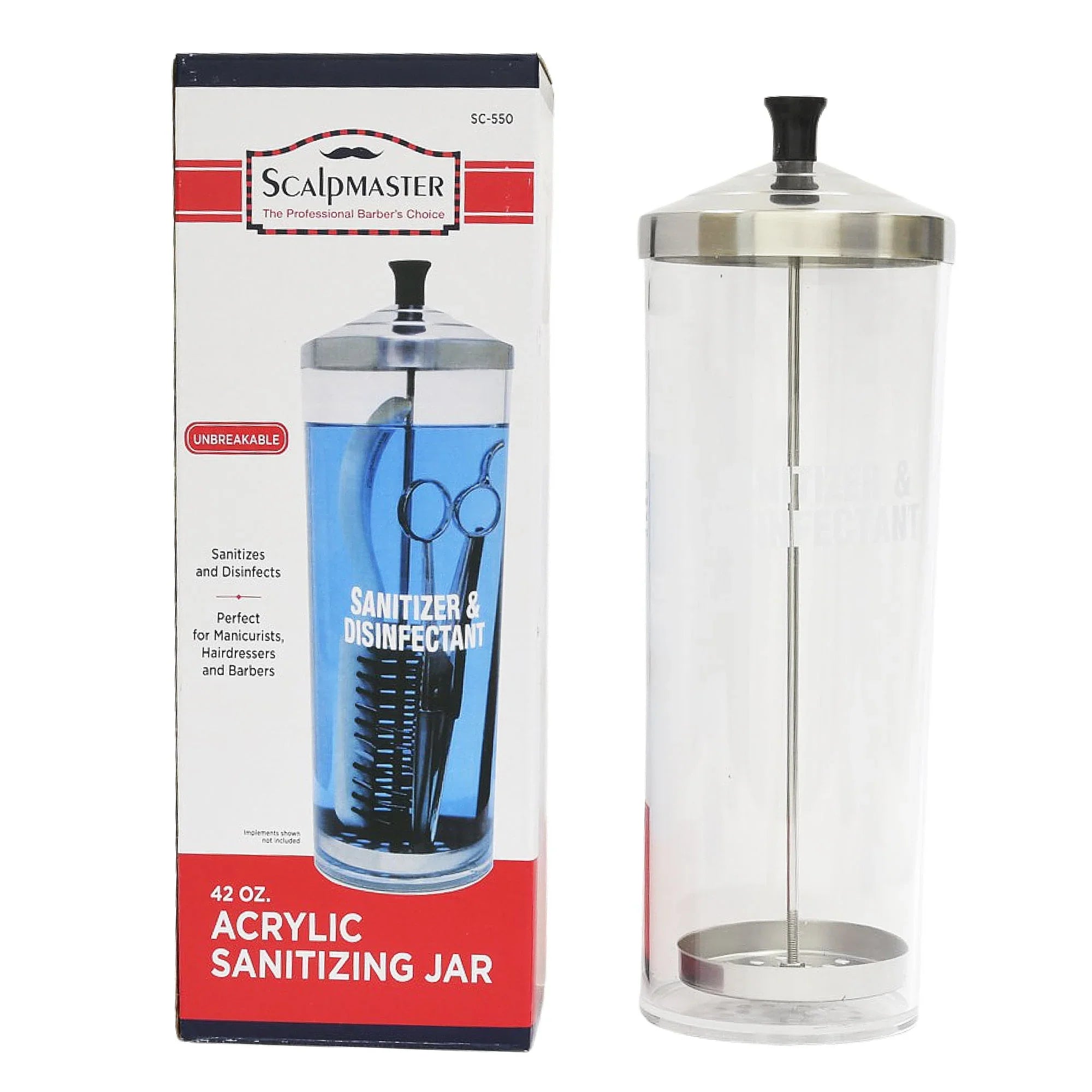 Acrylic sanitizing jar with packaging displaying 'Scalpmaster' branding.