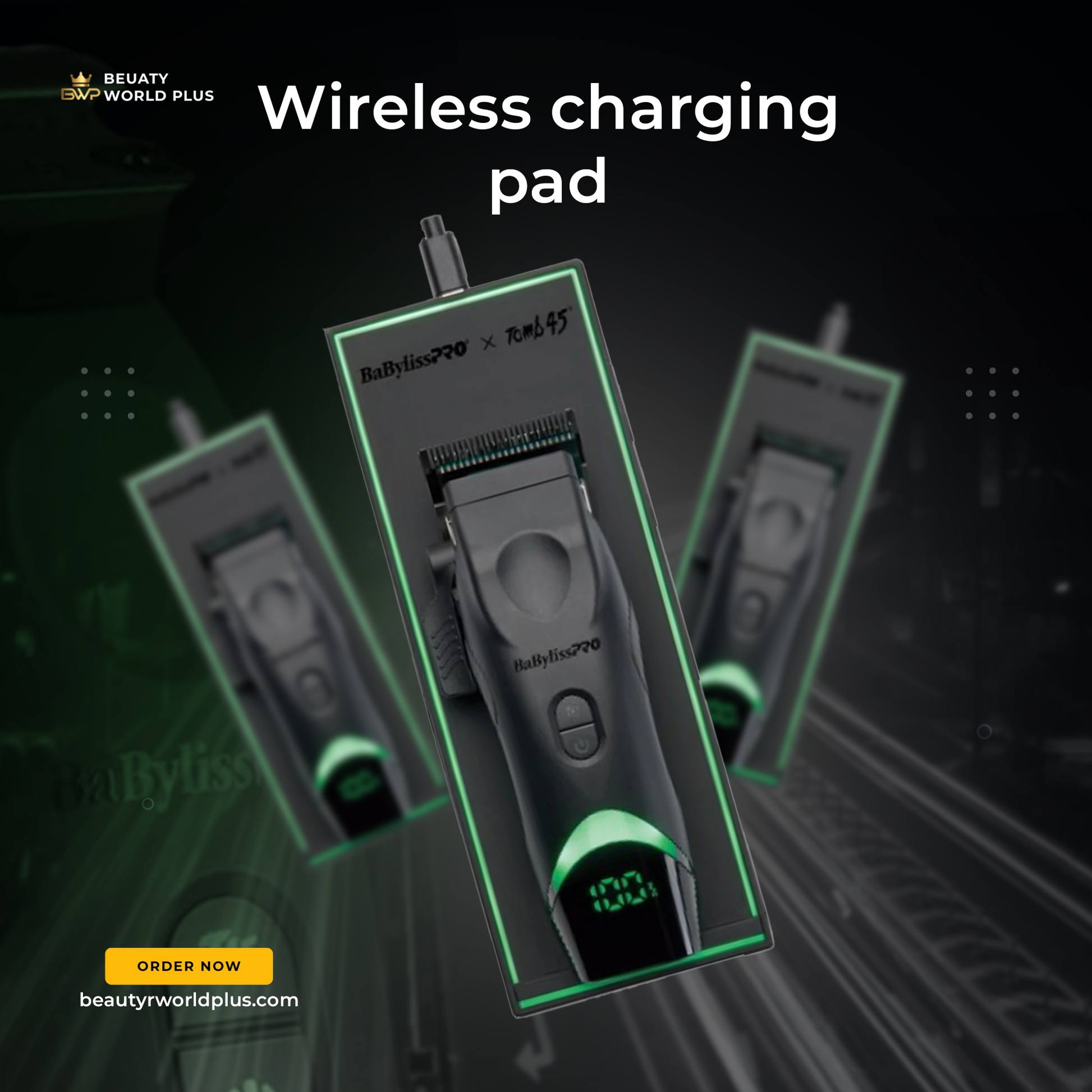 "Tomb45® PowerPod Wireless Charging Pad for BaBylissPRO® FX Clippers and Trimmers – Sleek black charging pod designed for professional grooming tools."