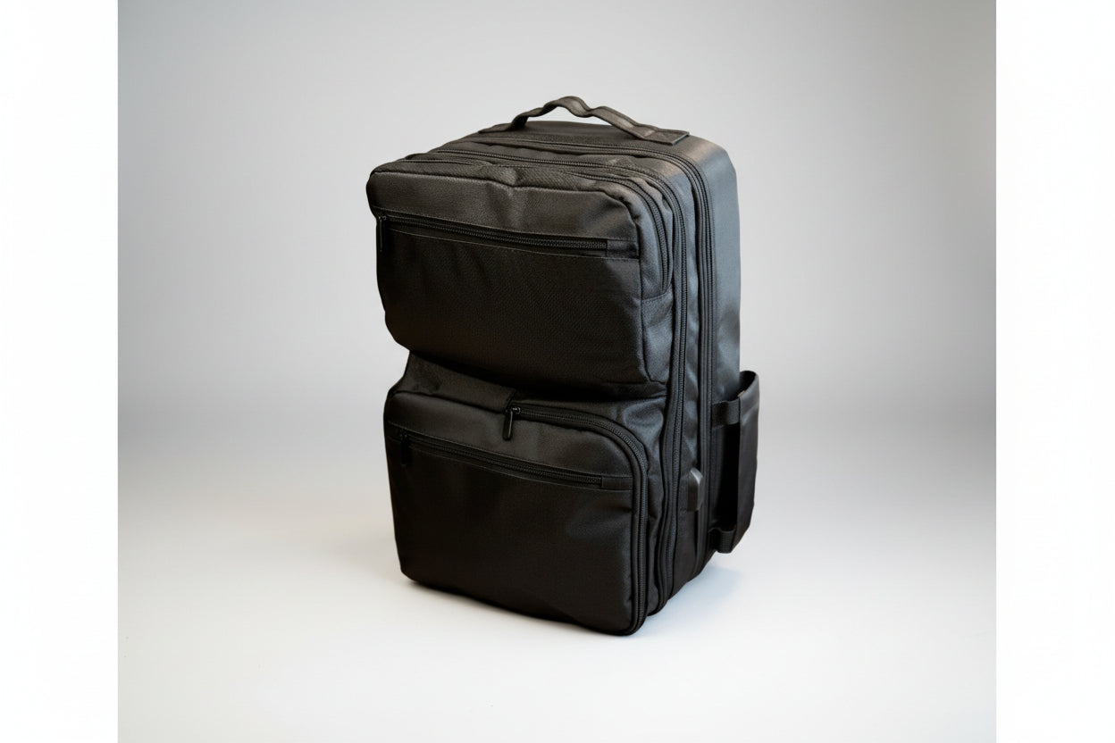Black backpack on a light gray background