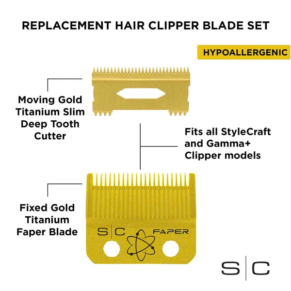 StyleCraft Gold Titanium Faper Clipper Blade & Slim Deep Tooth Cutter Set - SC525G