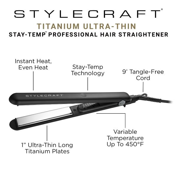 Style craft Stay-Temp Flat Iron - Professional 1" Inch Flat Iron with Titanium Plates