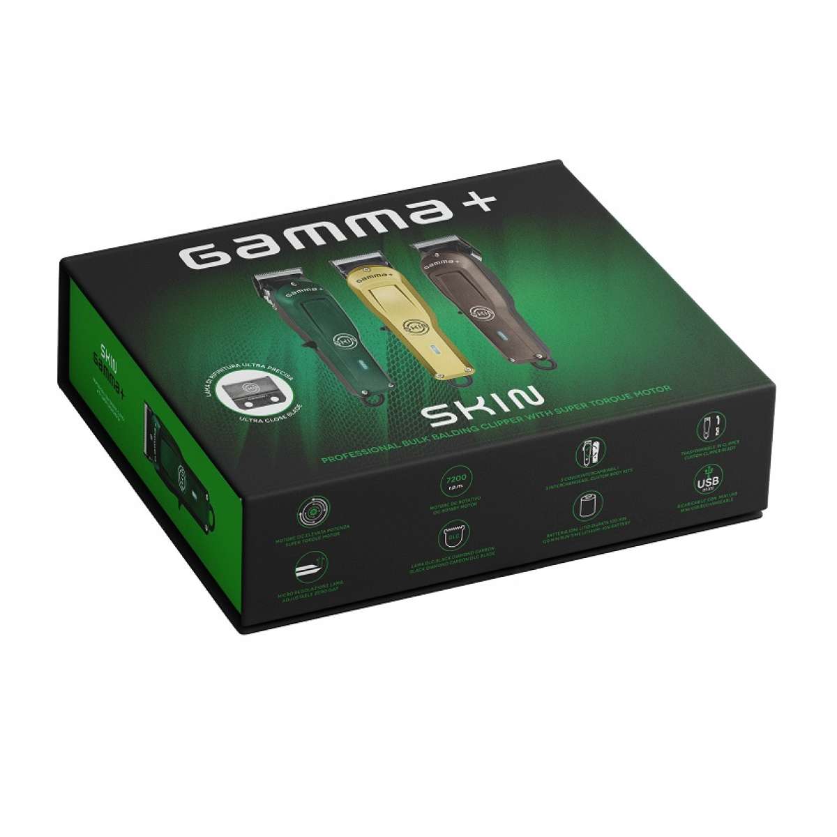 Gamma+ SKIN Professional Bulk Balding Clipper – Super‑Torque 7,200 RPM, Black Diamond Carbon DLC Blade, 3‑Hour Runtime