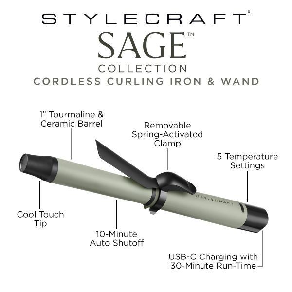 Style craft Sage 1” Cordless Spring Curling Iron & Wand with Removable Clamp