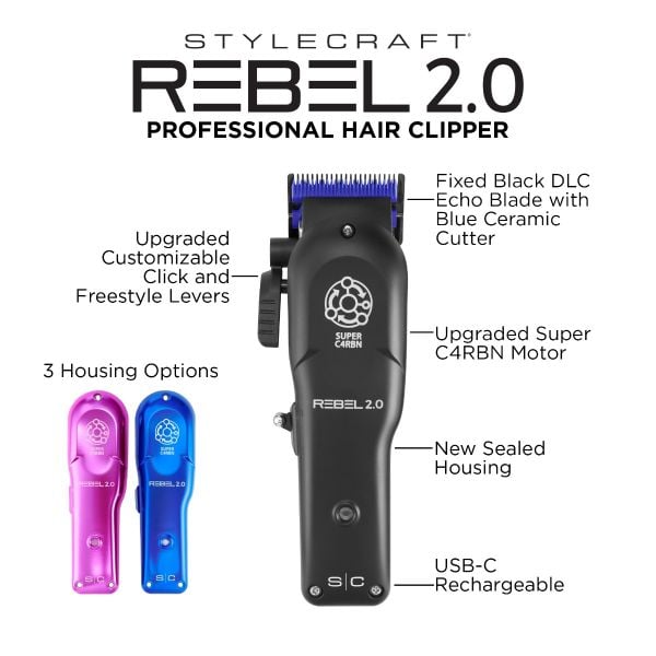 StyleCraft Rebel 2.0 Professional Hair Clipper – Super C4RBN Motor (SC601M)