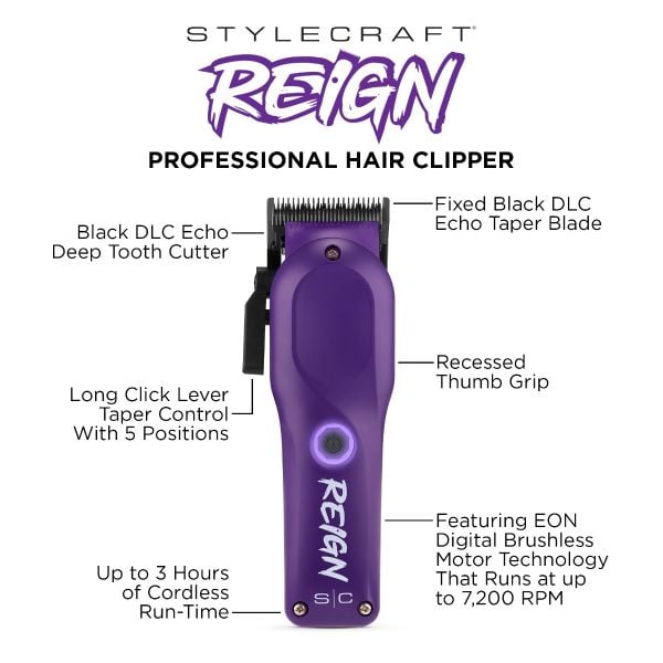 StyleCraft Reign Professional Hair Clipper - Purple Edition