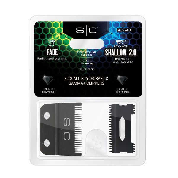 Style craft Replacement Double Black Diamond Carbon DLC Fixed Fade Blade with Shallow Tooth Cutter 2.0 Clipper Blade Set