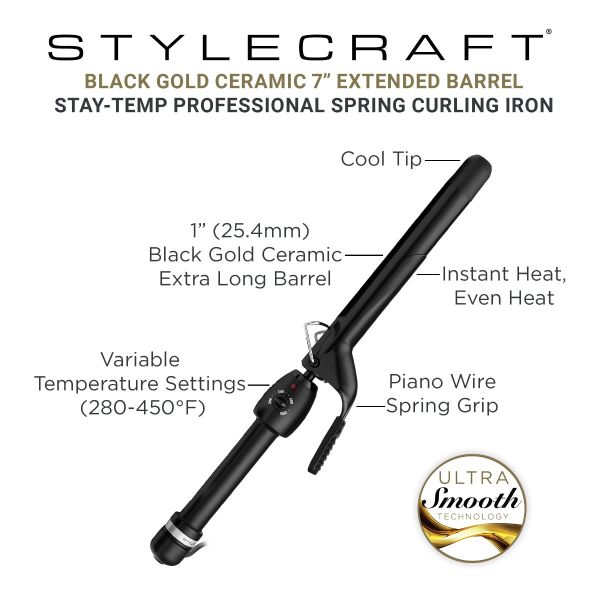 Style craft Stay-Temp Extended Barrel Curling Iron - Professional Ceramic Extended Barrel 1” Inch Hair Curling Iron