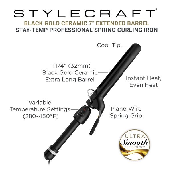 Style craft Stay-Temp Extended Barrel Curling Iron - Ceramic Extended Barrel 1.25” Inch Hair Curling Iron