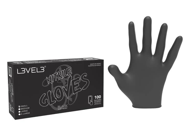 Black nitrile gloves with Level 3 packaging on a white background
